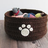 Dark Brown Crocheted Paw Print Pet Toy Basket