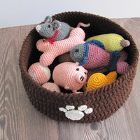 Dark Brown Crocheted Paw Print Pet Toy Basket