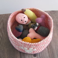 Pink and White Crocheted Paw Print Pet Toy Basket