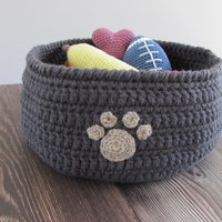 Dark Gray Crocheted Paw Print Pet Toy Basket, Made in USA