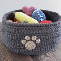Dark Gray Crocheted Paw Print Pet Toy Basket, Made in USA