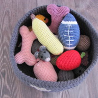 Dark Gray Crocheted Paw Print Pet Toy Basket, Made in USA