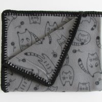Handmade Reversible Double Thick Fleece Cat Themed Blanket, 30" x 36", Made in USA