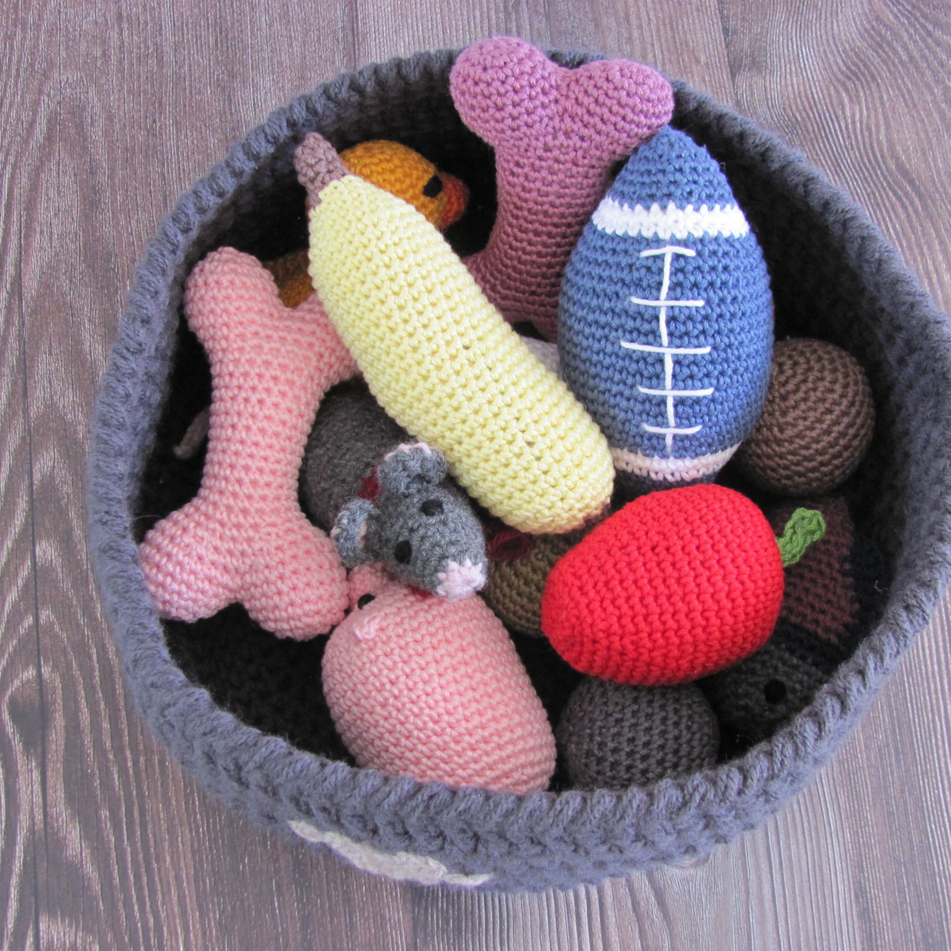 Dark Gray Crocheted Paw Print Pet Toy Basket, Made in USA
