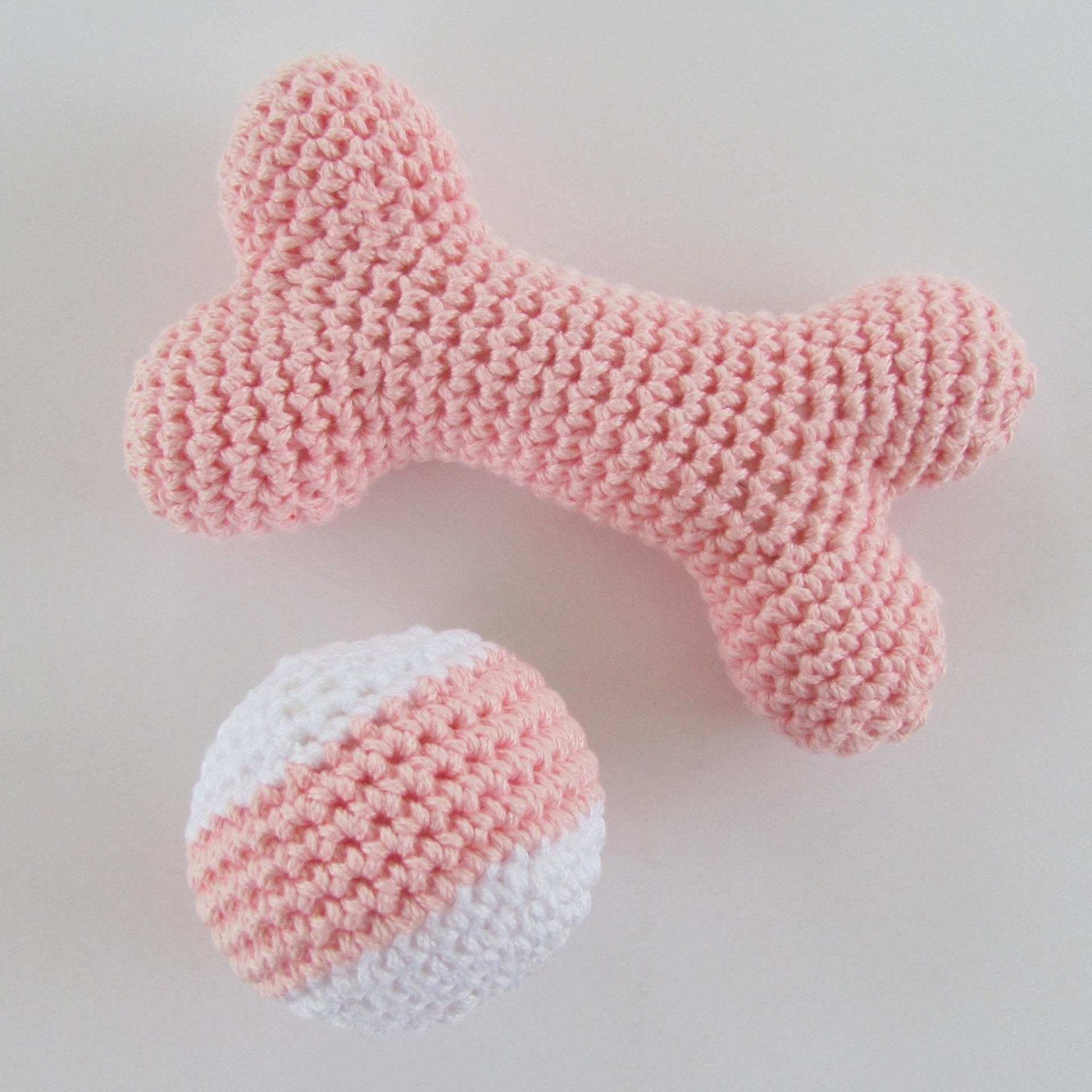 Pink Cotton Crocheted Squeaky Bone and Ball Dog Toy Set for Small Dogs, Made in USA