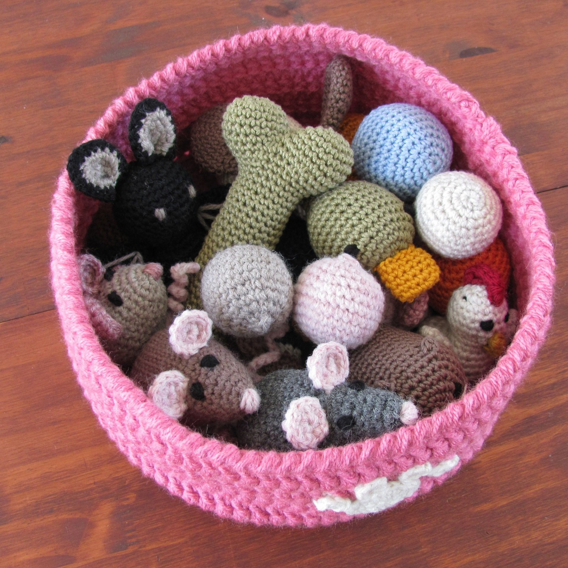 Pink Crocheted Paw Print Pet Toy Basket, Made in USA