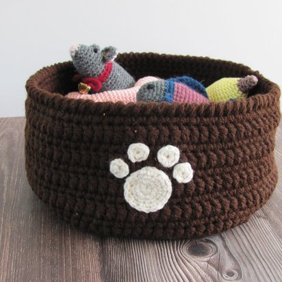 Dark Brown Crocheted Paw Print Pet Toy Basket