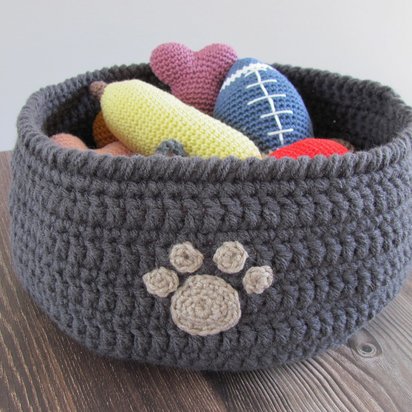 Dark Gray Crocheted Paw Print Pet Toy Basket, Made in USA