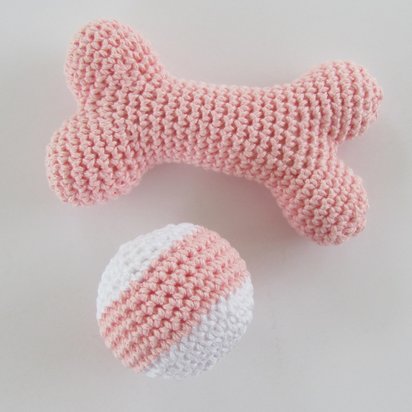Pink Cotton Crocheted Squeaky Bone and Ball Dog Toy Set for Small Dogs, Made in USA